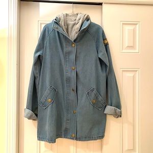Oversized denim jacket with removable hoodie insert